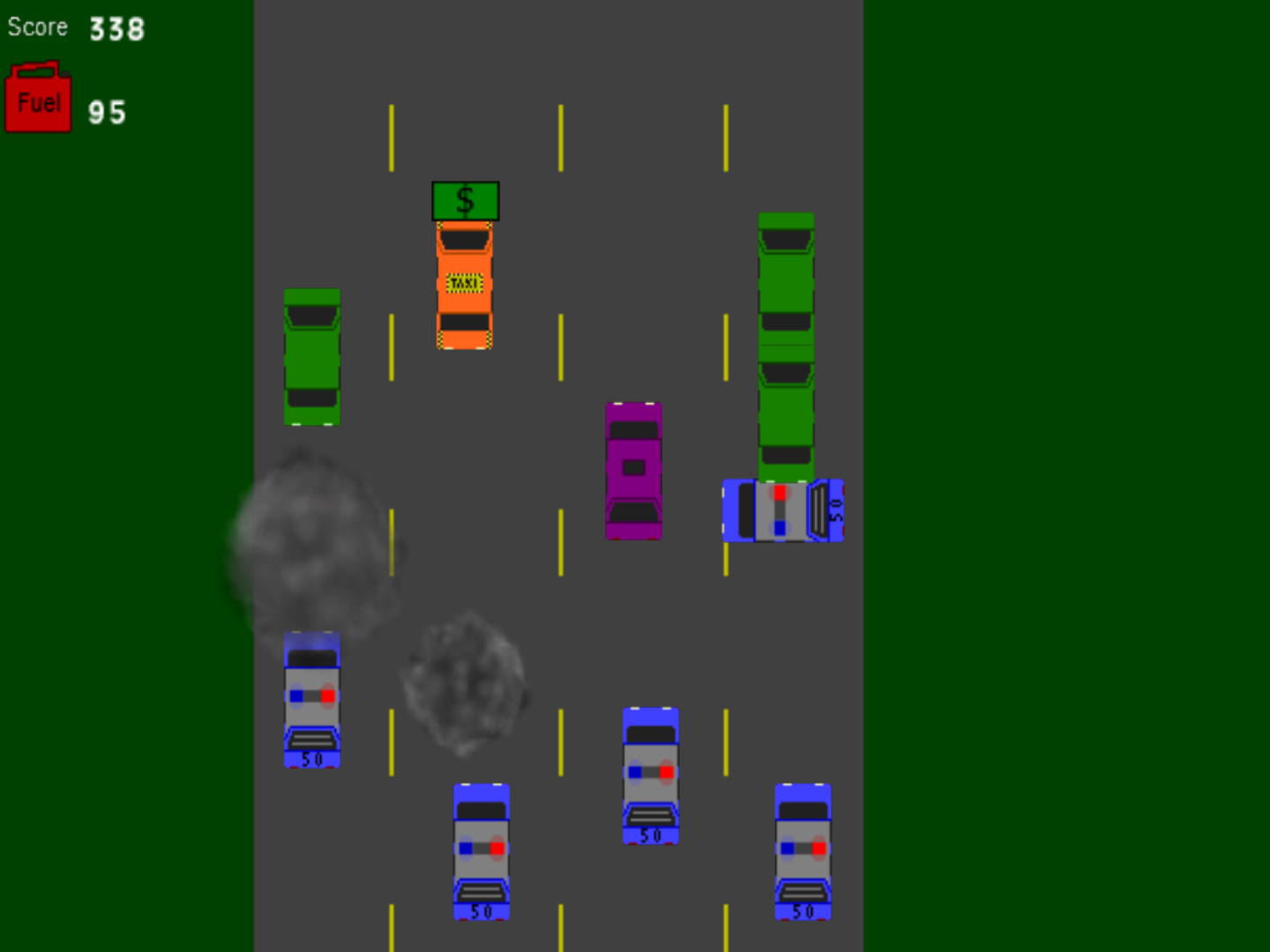 Heist Chase in Displacement Arcade Game Box: a purple car surrounded by police cars, with score and fuel counters.