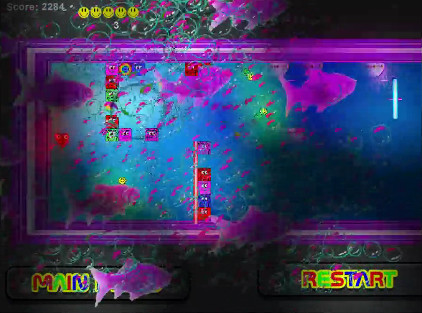 Two paddles on opposite sides of Crackhead's brick-filled arena against a psychedelic purple and blue background.