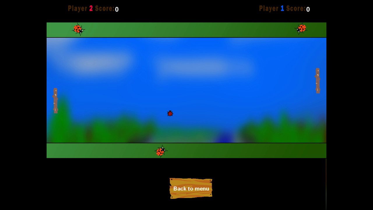 Ladybird Reflect's two-player arena with a red paddle on the left, a blue paddle on the right and two score counters.