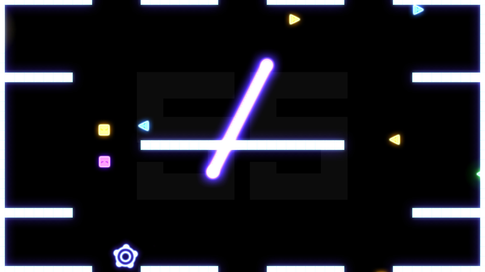 A purple laser and glowing enemies in Neon Coliseum's black arena, with a large score behind the action.