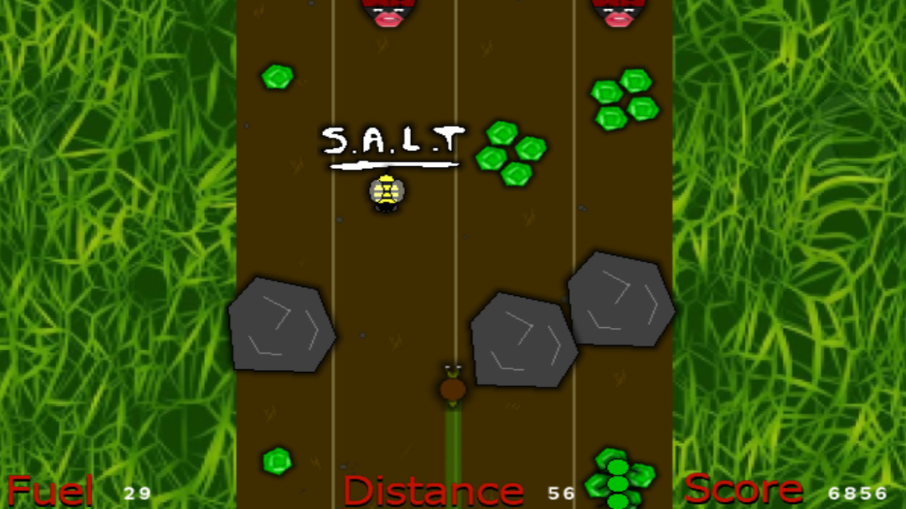 A snail weaving between rocks and lettuce in Snail Racer Extreme, with fuel, distance and score displayed below.