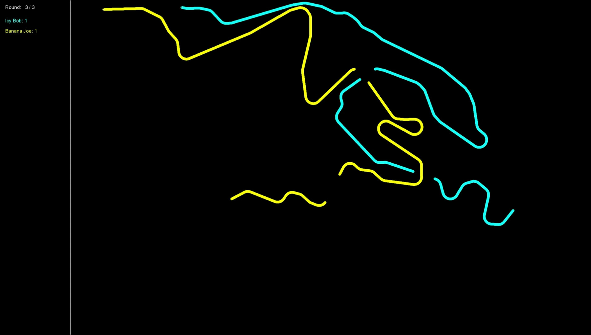 Cyan and yellow snake trails sharing the same arena in Snake Party, with player scores above.